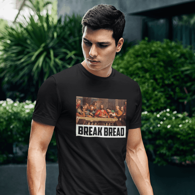 METRO ALIEN unique graphic tshirt online featuring a modern Last Supper design with Break Bread text