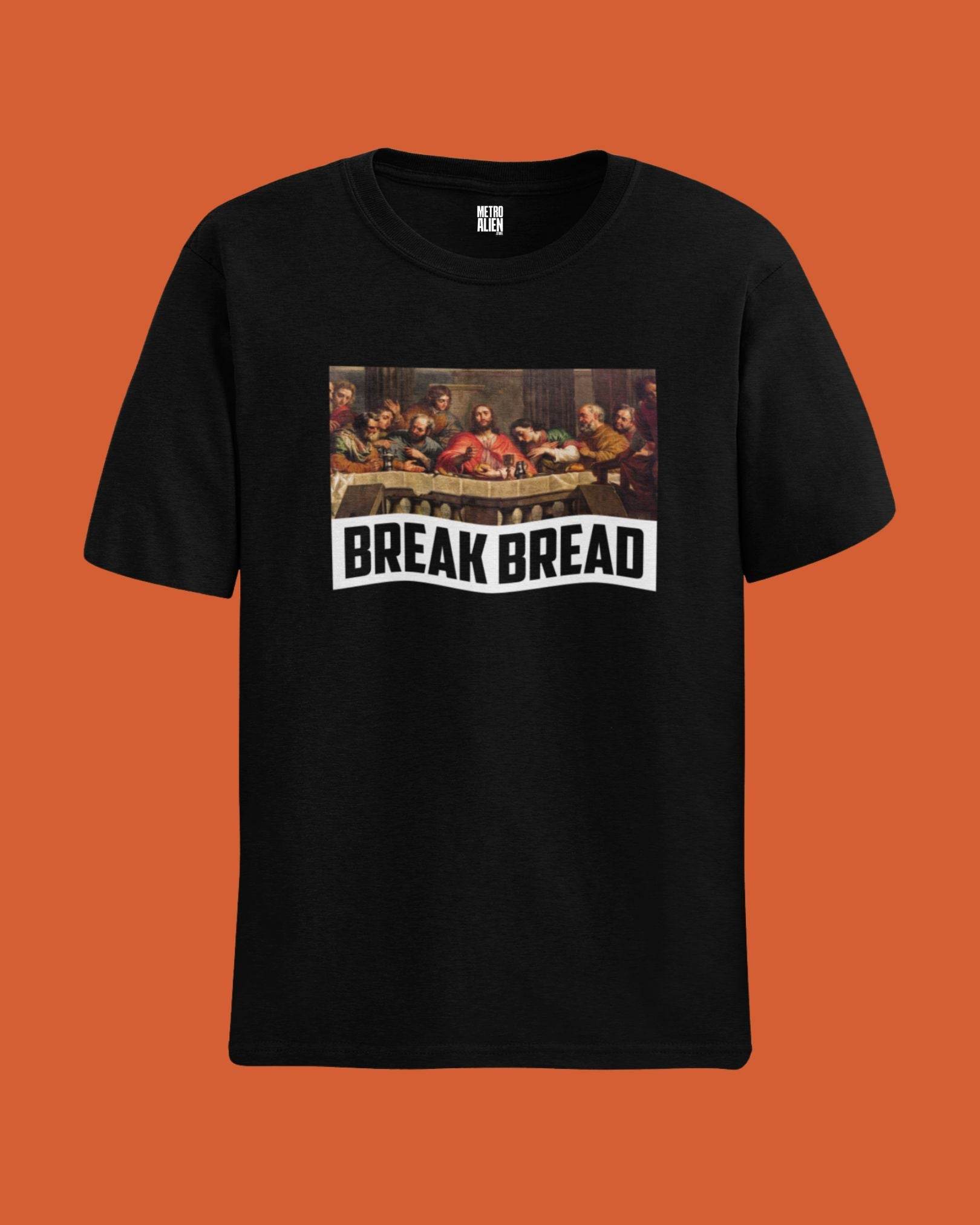 Black unique graphic tshirt online from METRO ALIEN featuring a Break Bread print inspired by The Last Supper