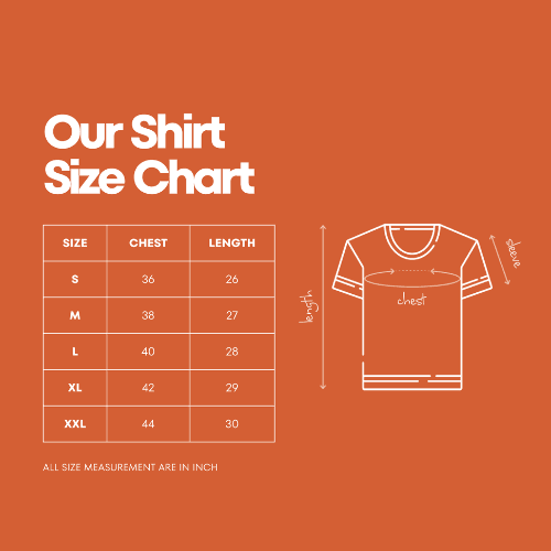 Shirt size chart with chest and length measurements for unique graphic tshirt online by METRO ALIEN