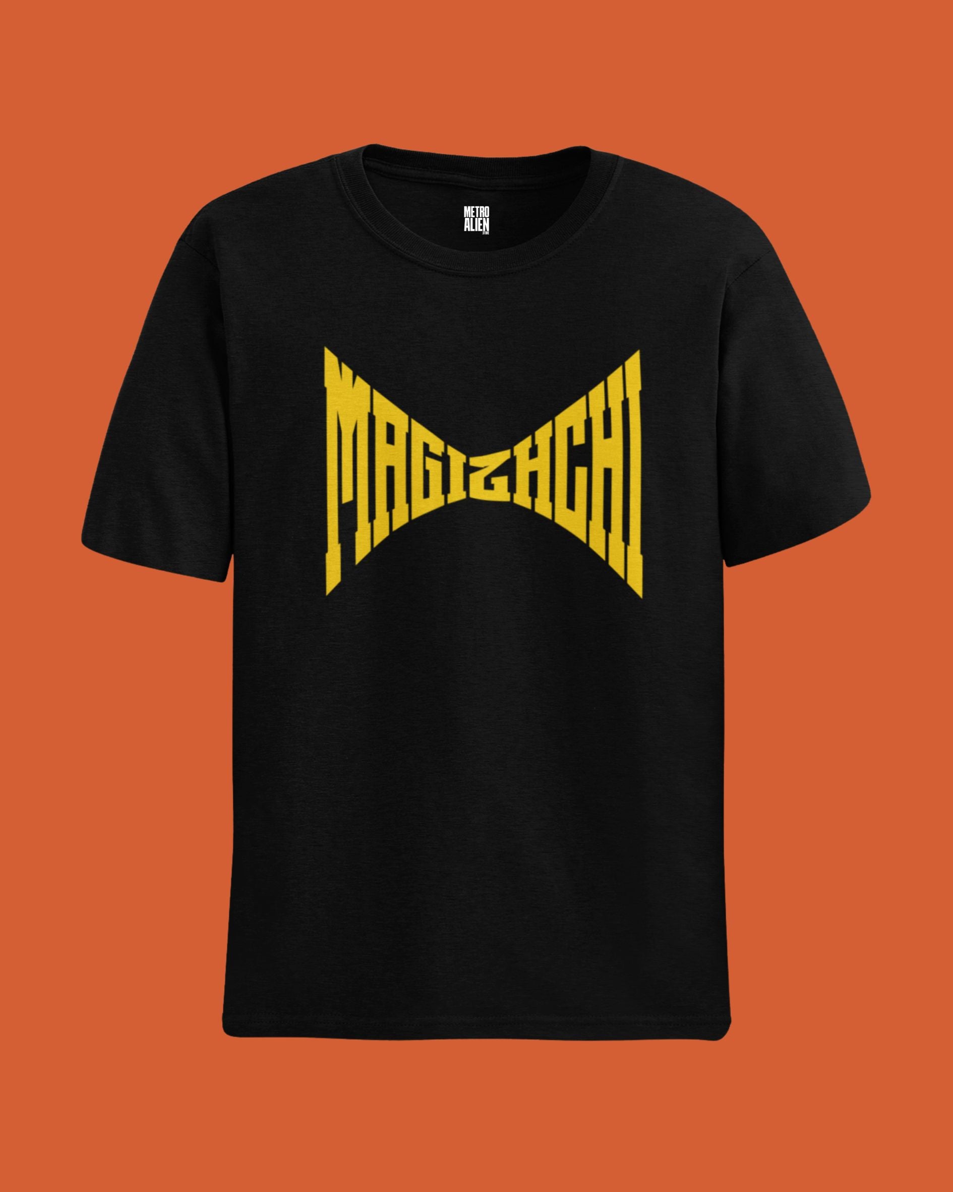 Black t-shirt with yellow Madigachi graphic design by METRO ALIEN cool tamil graphic t-shirts online