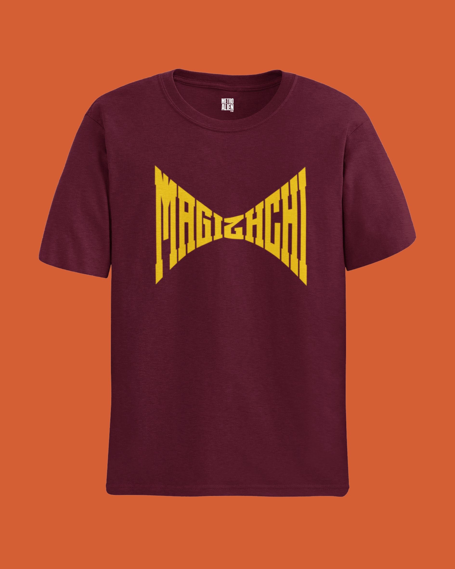 Maroon METRO ALIEN t-shirt with yellow Madizhchi graphic design cool tamil graphic t-shirts online