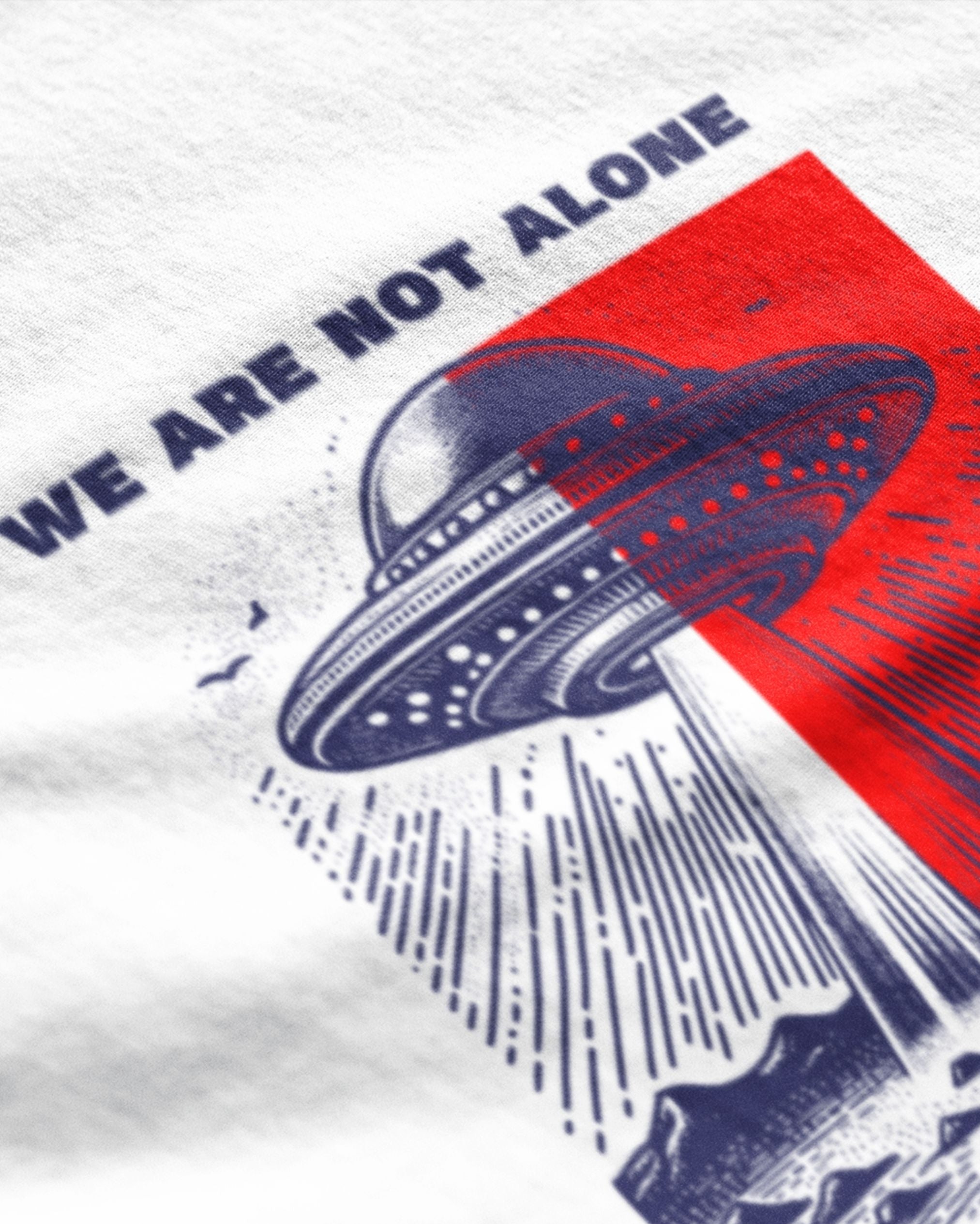 Close-up white tee with red navy UFO print, alien graphic t-shirt, alien tshirt india , tshirt tamilnadu, metroalien store.