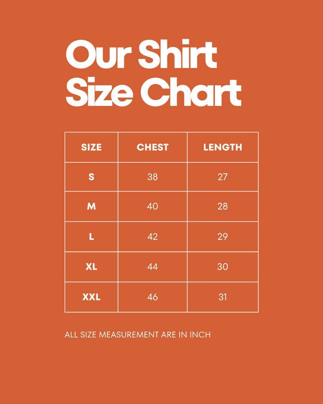 Orange size chart S to XXL chest length, alien graphic t-shirt, alien tshirt india , tshirt tamilnadu, metroalien store