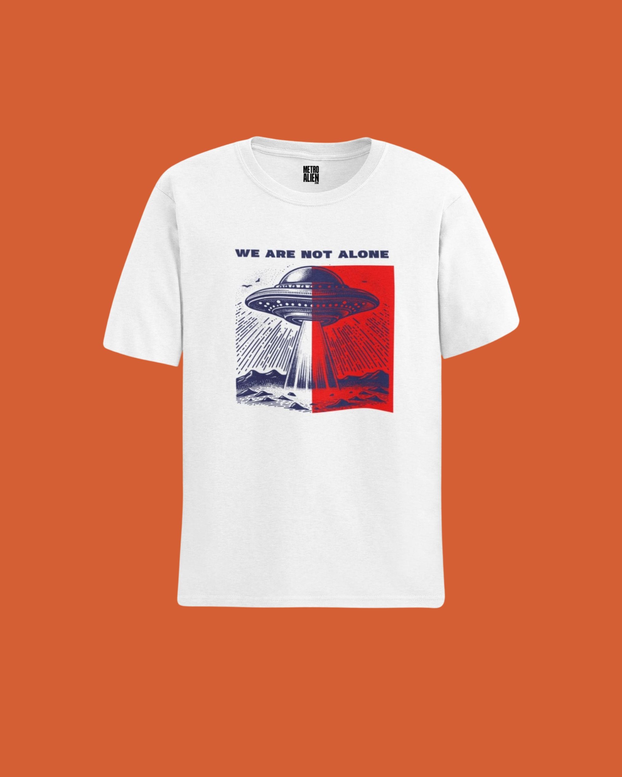 White tee with red blue UFO We Are Not Alone print alien graphic t-shirt, alien tshirt india , tshirt tamilnadu, metroalien store