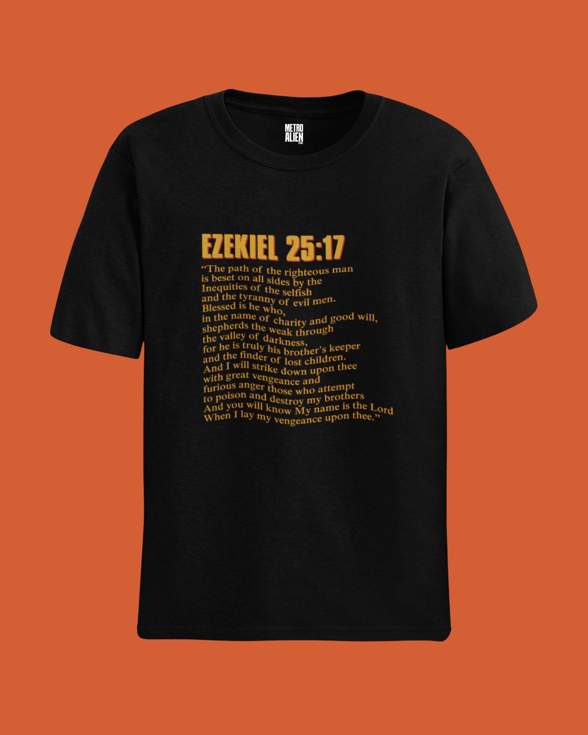 Black movie themed graphic streetwear t-shirt India pulp fiction tshirt india with Ezekiel 25:17 text design