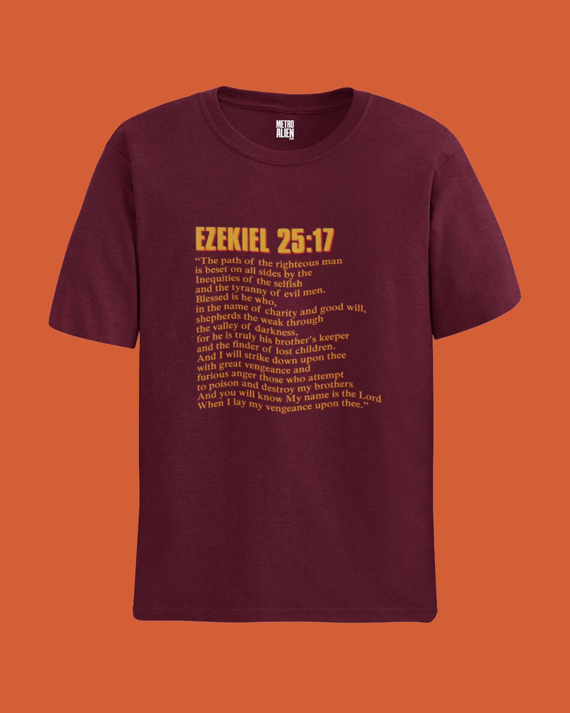 Movie themed graphic streetwear t-shirt India pulp fiction tshirt india in maroon with Ezekiel 25:17 quote in yellow