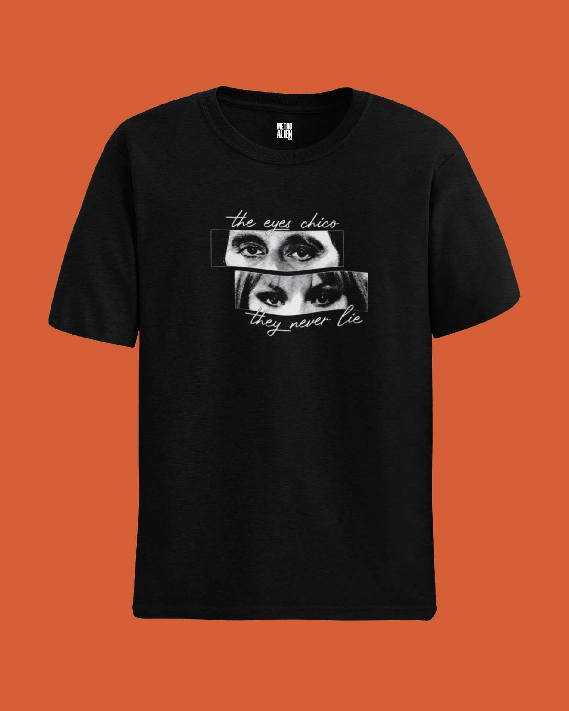 Black movie themed tshirt eyes chico graphic t-shirt with artistic eye illustrations and white text