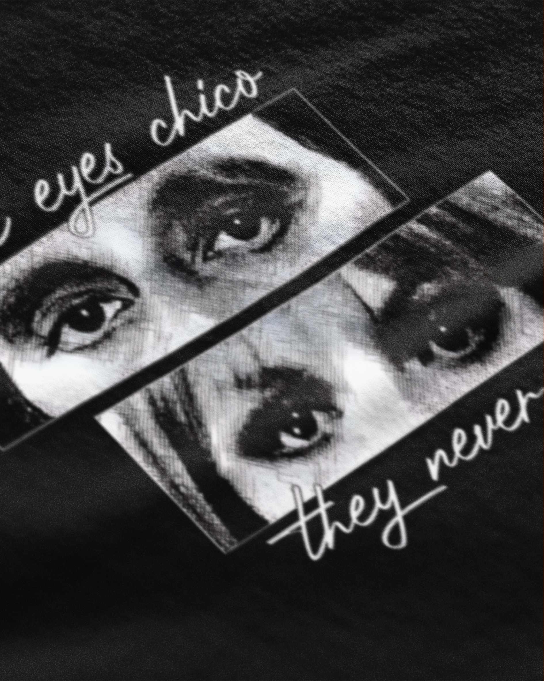 Close-up of movie themed tshirt eyes chico graphic t-shirt with black and white eye designs and handwritten text