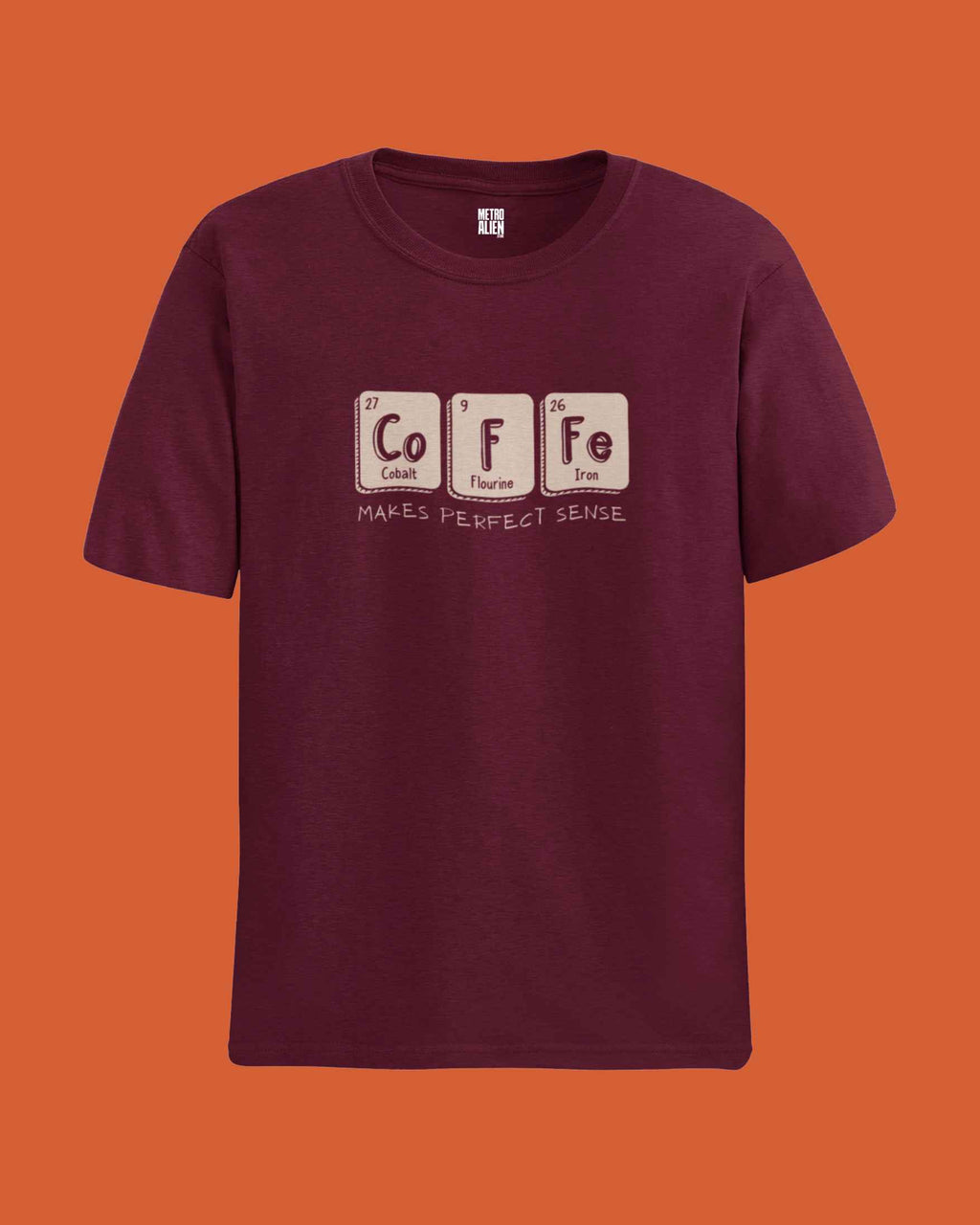 METRO ALIEN burgundy periodic table coffee graphic t-shirt with Co Flu Fe elements design