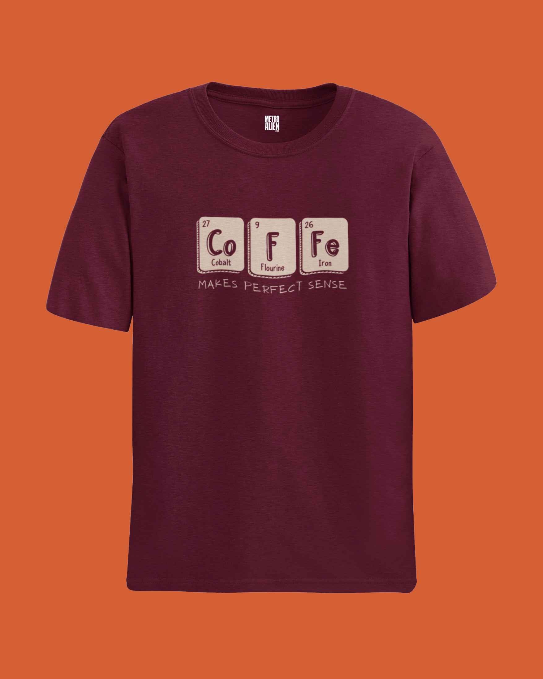 METRO ALIEN burgundy periodic table coffee graphic t-shirt with Co Flu Fe elements design