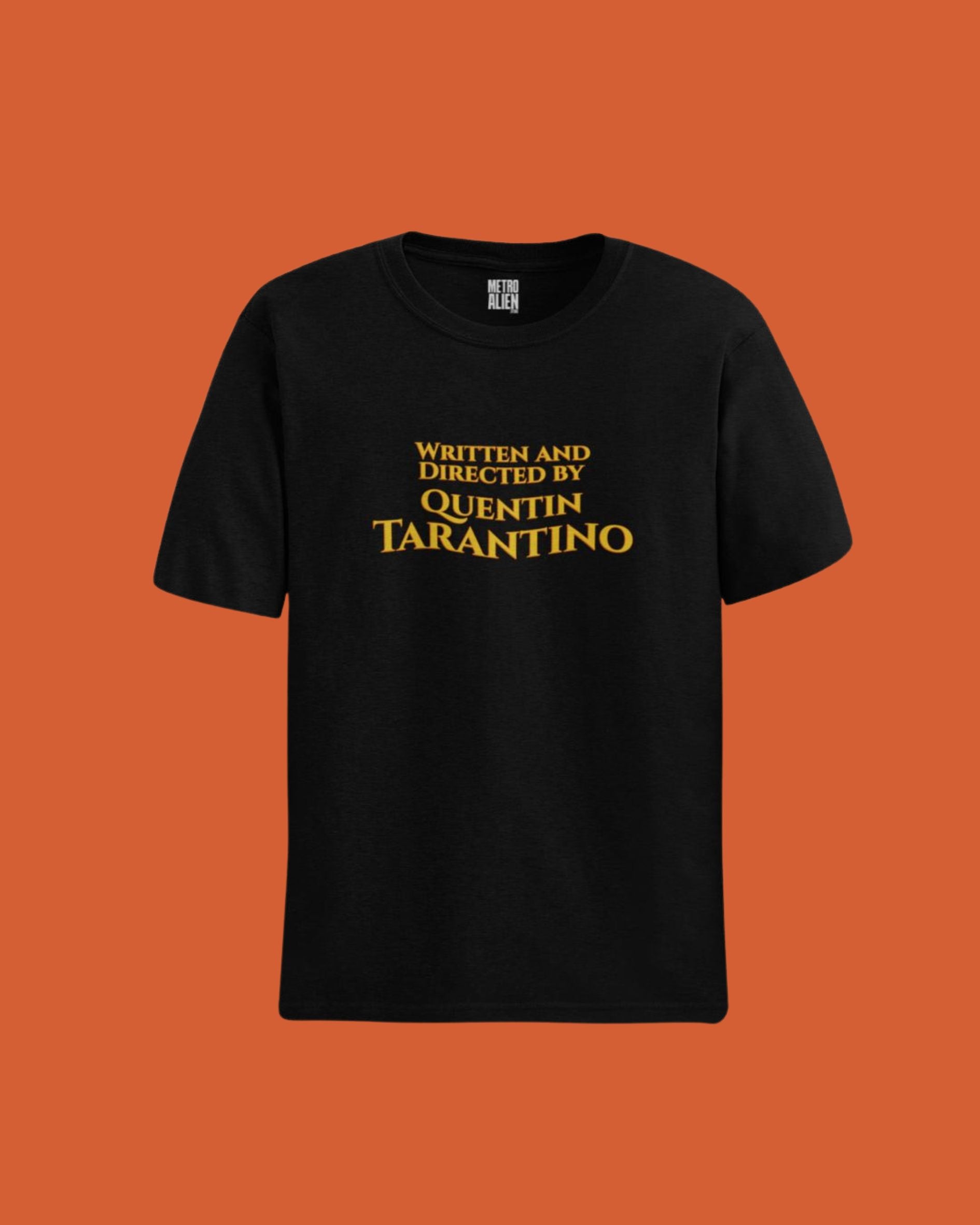 Black Quentin Tarantino graphic t-shirt with yellow text written and directed by Quentin Tarantino