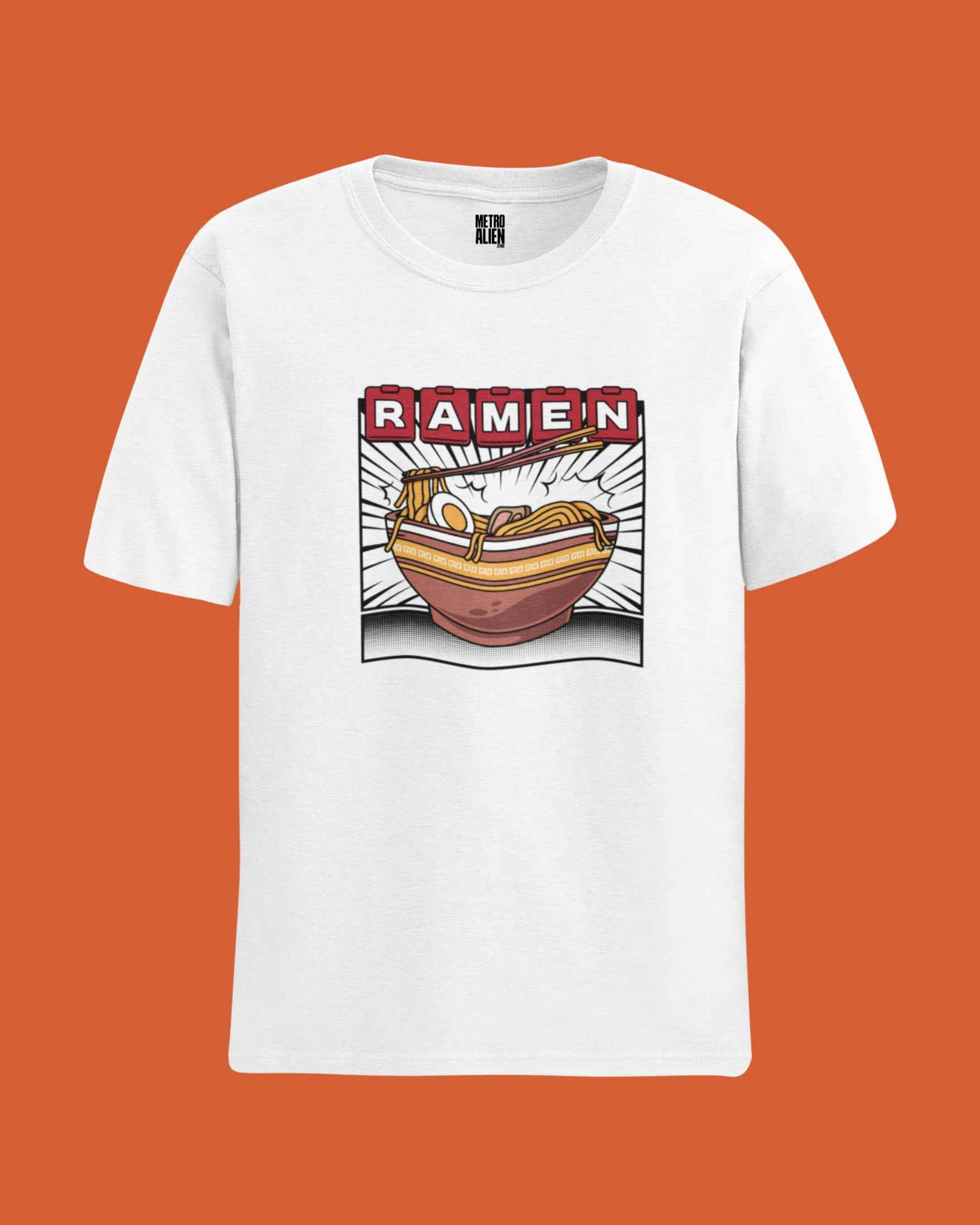 White METRO ALIEN ramen graphic t-shirt featuring a steaming bowl of ramen illustration