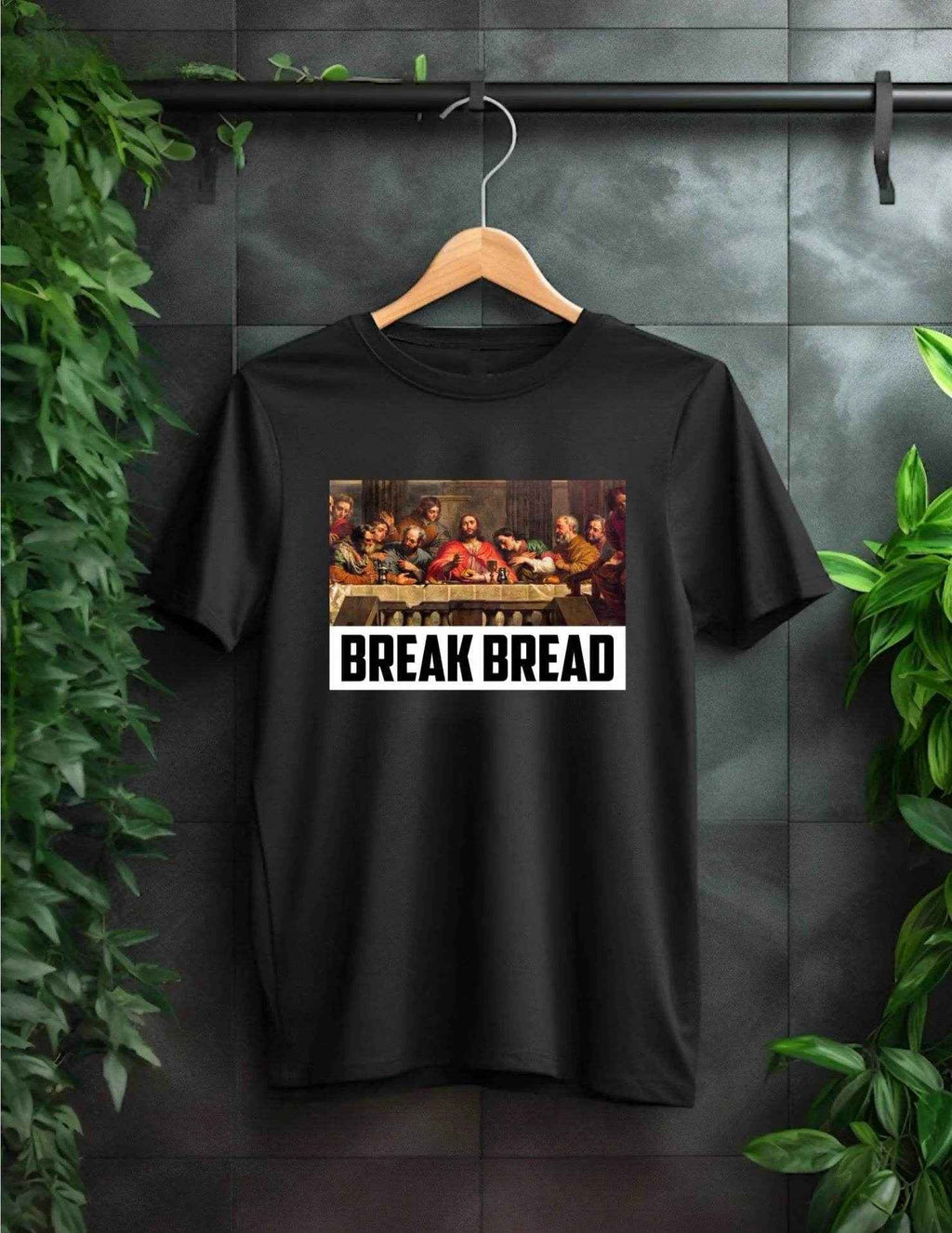 Black unique graphic t-shirt online featuring a classic art design with the text Break Bread