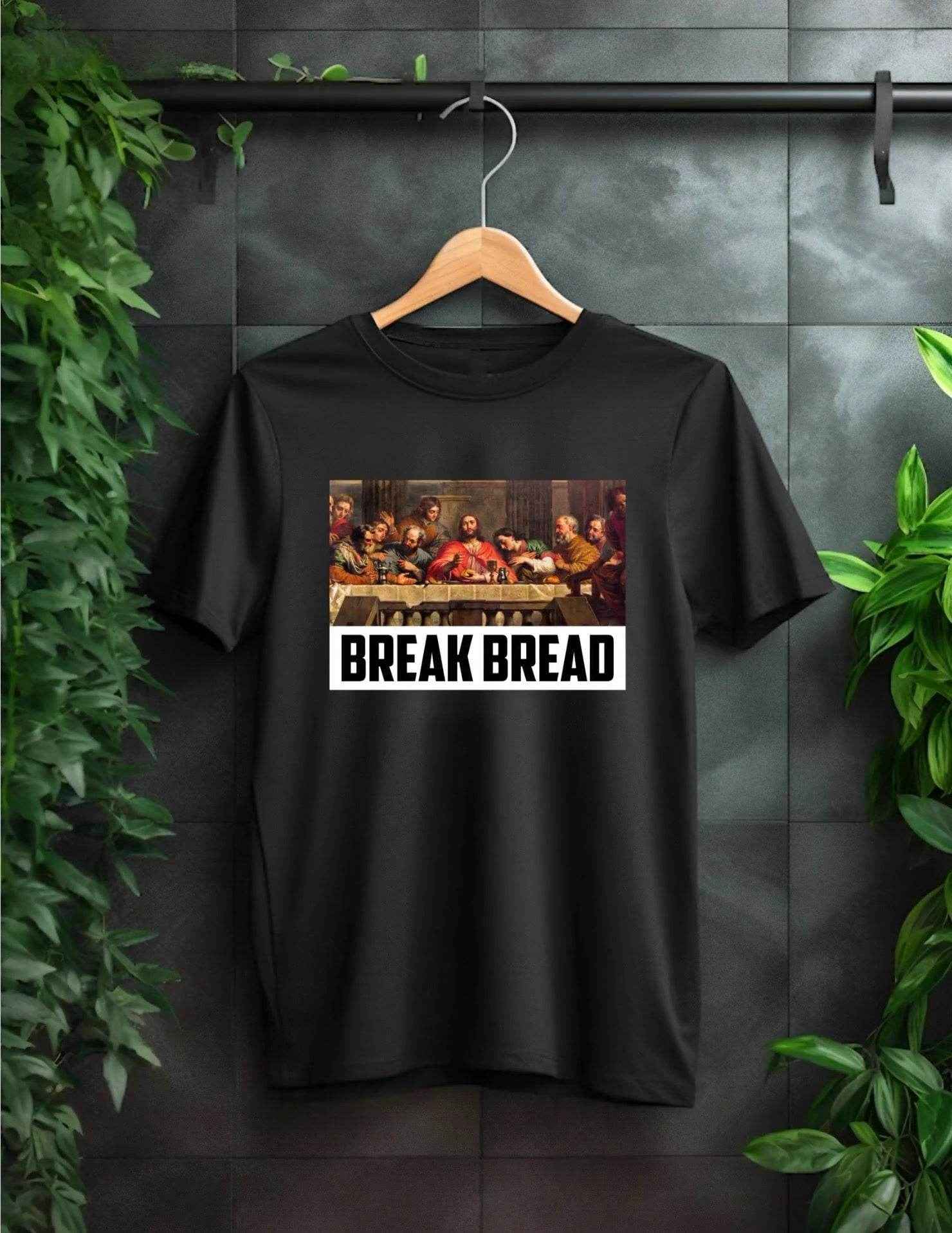 Black unique graphic t-shirt online featuring a classic art design with the text Break Bread